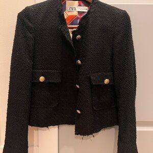 Zara Women's Black tweed Blazer with Gold Buttons
